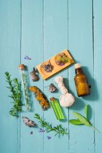 Flatlay aus Kräutern und Badezusätzen in Reagenzgläsern und Apotherflasche