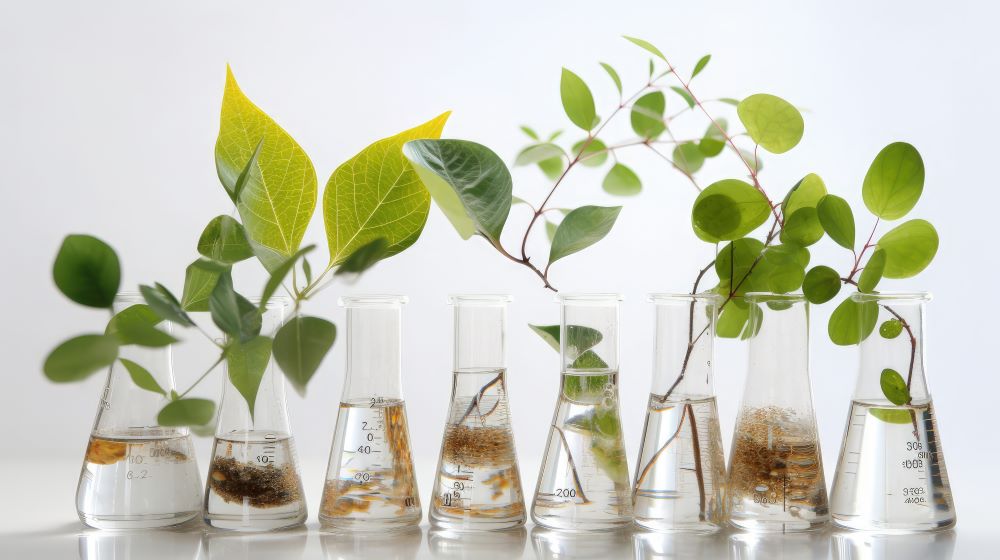 Huit bocaux de laboratoire différents alignés, tous remplis d'eau et de différentes plantes vertes avec racines