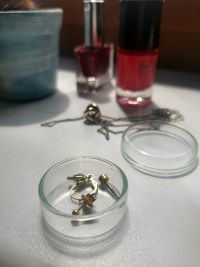 A petri dish with earrings and other jewelry